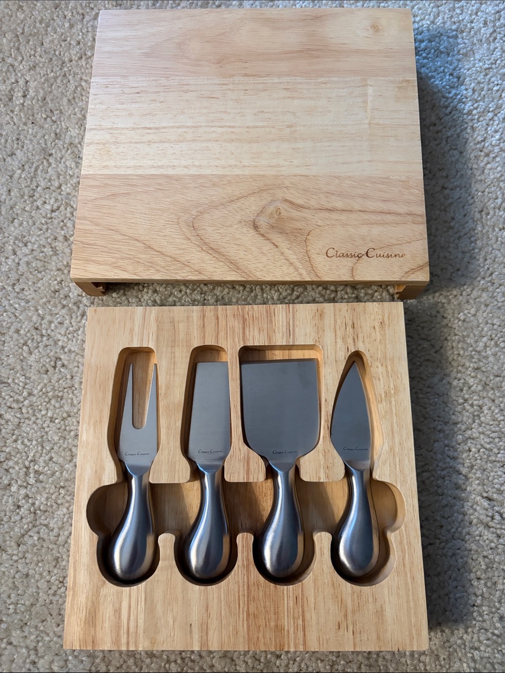 Classic Cuisine 5 Piece Cheese Board Set W/ Stainless Steel Tools & Wood Block